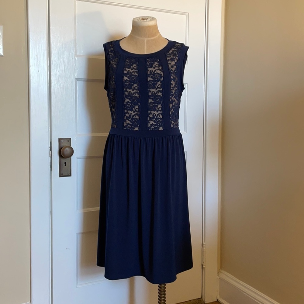 Candalite Womens Navy Blue Lace Bodice Sleeveless Fit Flare‎ Cocktail Dress L